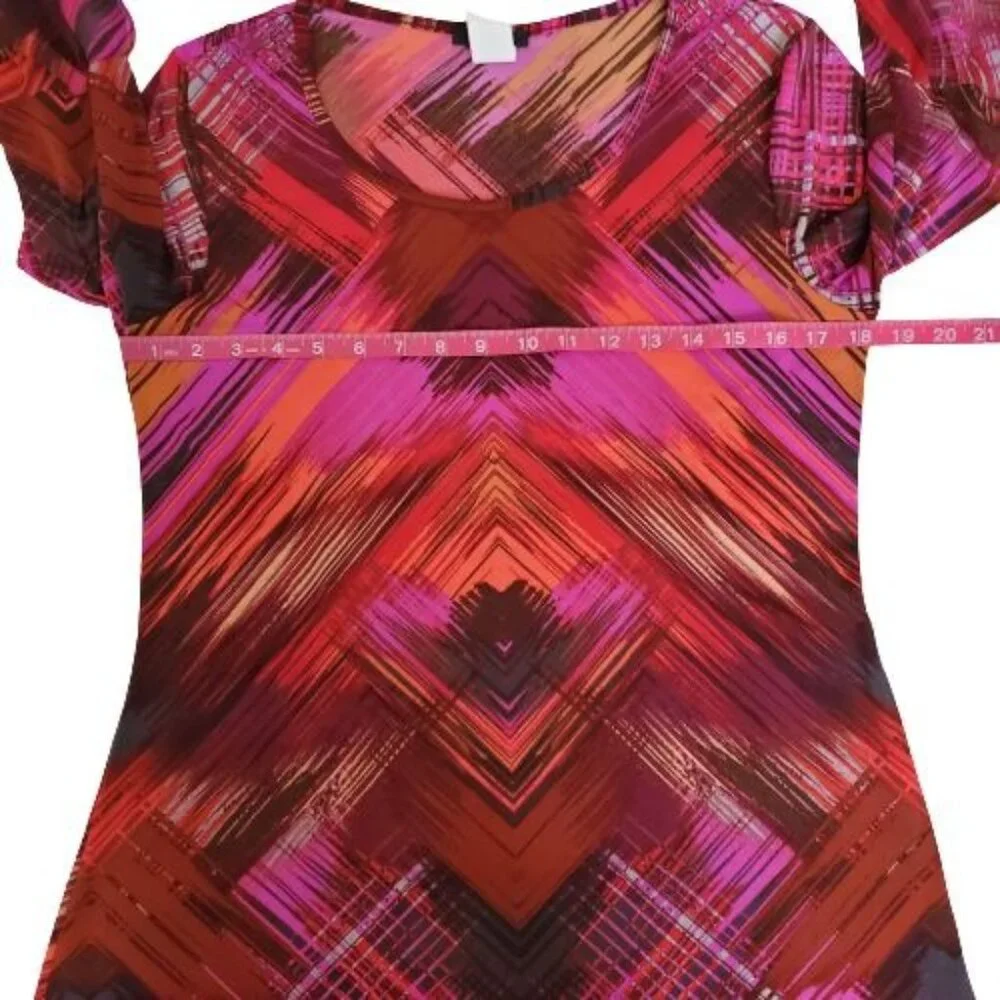 MSK Women's Pink Red Orange Print Sheer Bell Sleeve Cocktail Dress Size Medium - Picture 6 of 11